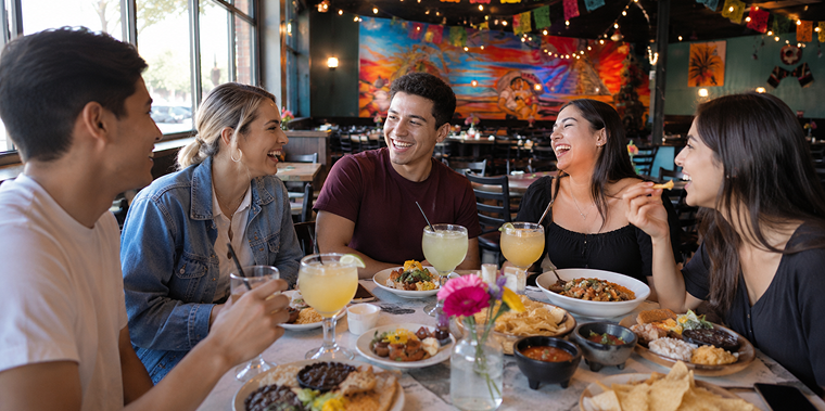 REPLACE → photo of students laughing around a table full of food & drinks